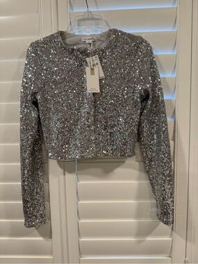 Good American Silver Sequin Crop Top Jacket